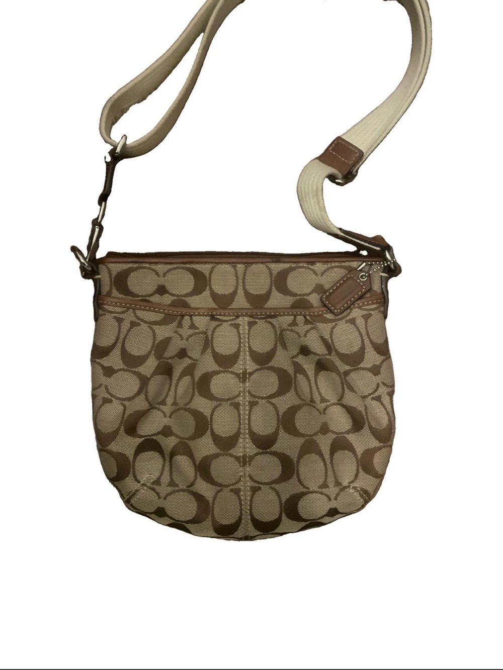 COACH Brown Tan Signature Jacquard Canvas Crossbody Purse Small Round